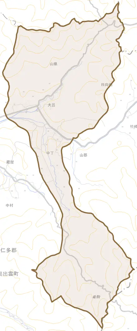 大呂とその周辺の地図。町の範囲を重ねている