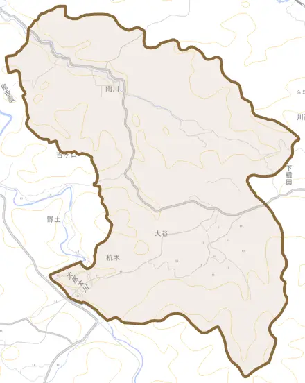 大谷とその周辺の地図。町の範囲を重ねている