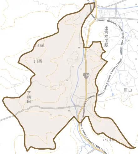 下横田とその周辺の地図。町の範囲を重ねている