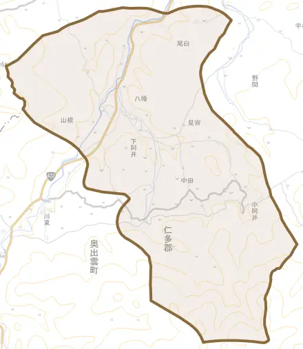 下阿井とその周辺の地図。町の範囲を重ねている