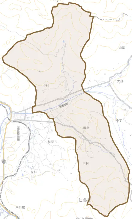 中村とその周辺の地図。町の範囲を重ねている