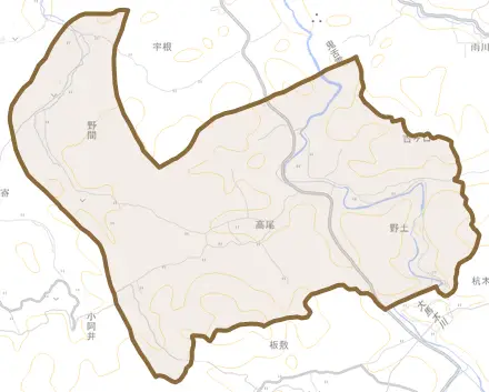 高尾とその周辺の地図。町の範囲を重ねている