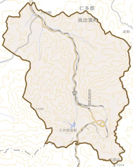 八川とその周辺の地図。町の範囲を重ねている