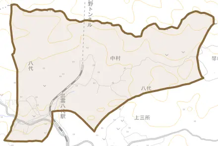 八代とその周辺の地図。町の範囲を重ねている