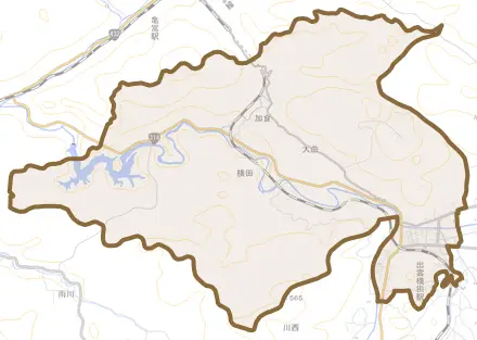 横田とその周辺の地図。町の範囲を重ねている