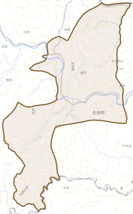 阿須那とその周辺の地図。町の範囲を重ねている