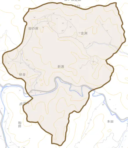 伏谷とその周辺の地図。町の範囲を重ねている