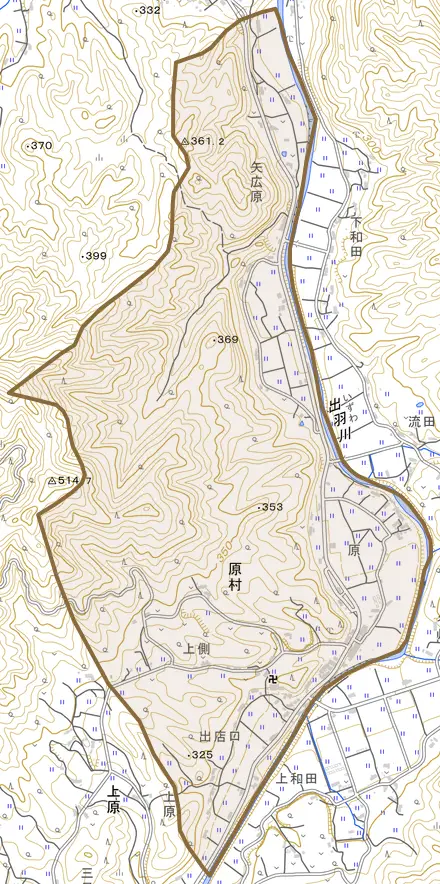 原村とその周辺の地図。町の範囲を重ねている