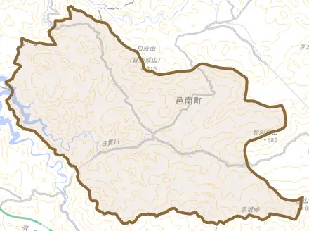 日貫とその周辺の地図。町の範囲を重ねている
