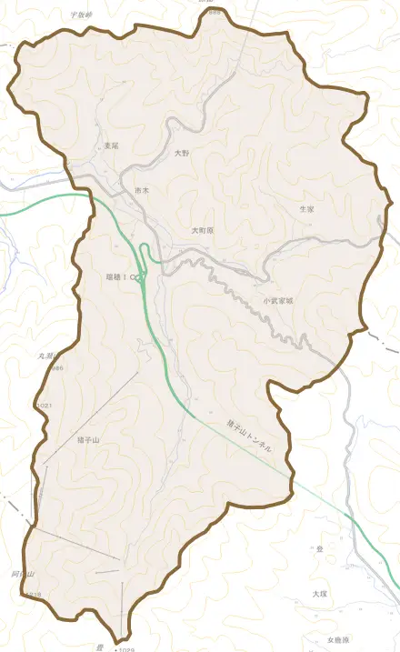 市木とその周辺の地図。町の範囲を重ねている