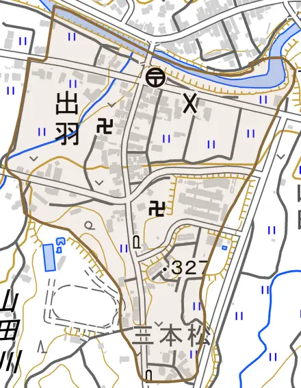 出羽とその周辺の地図。町の範囲を重ねている