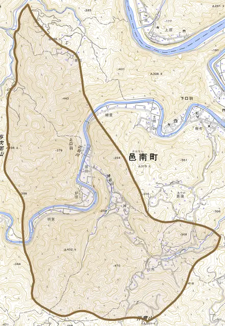 上口羽とその周辺の地図。町の範囲を重ねている