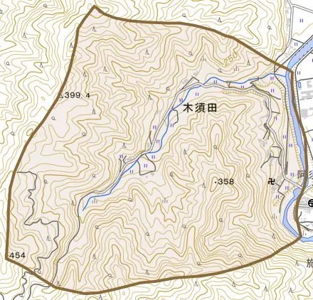 木須田とその周辺の地図。町の範囲を重ねている