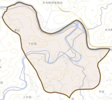 下口羽とその周辺の地図。町の範囲を重ねている