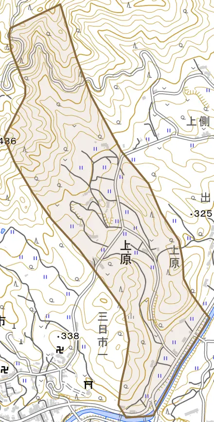 上原とその周辺の地図。町の範囲を重ねている