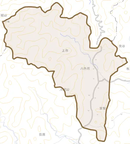 八色石とその周辺の地図。町の範囲を重ねている