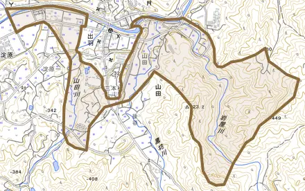 山田とその周辺の地図。町の範囲を重ねている