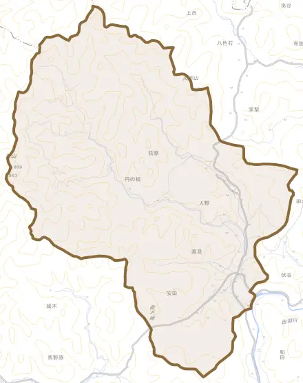 高見とその周辺の地図。町の範囲を重ねている