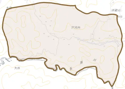 戸河内とその周辺の地図。町の範囲を重ねている