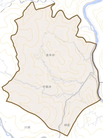 宇都井とその周辺の地図。町の範囲を重ねている
