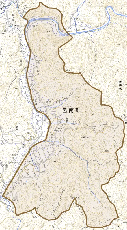 和田とその周辺の地図。町の範囲を重ねている