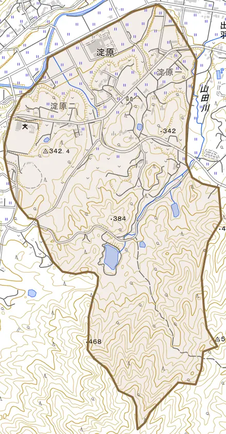 淀原とその周辺の地図。町の範囲を重ねている
