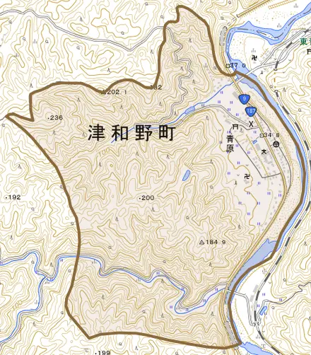 青原とその周辺の地図。町の範囲を重ねている