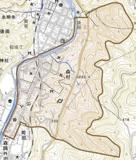 森村とその周辺の地図。町の範囲を重ねている