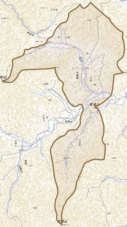 中曽野とその周辺の地図。町の範囲を重ねている