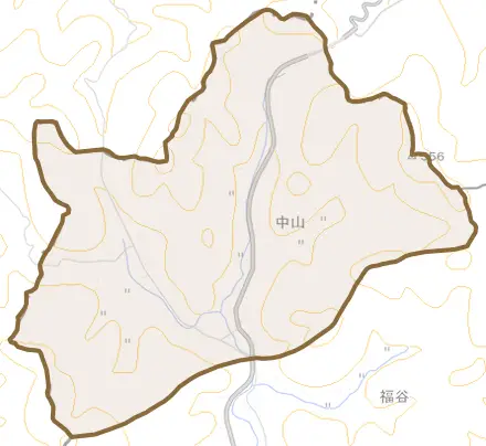 中山とその周辺の地図。町の範囲を重ねている