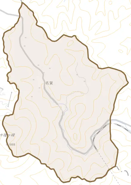 名賀とその周辺の地図。町の範囲を重ねている