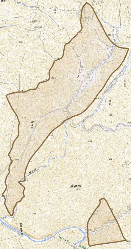 須川とその周辺の地図。町の範囲を重ねている