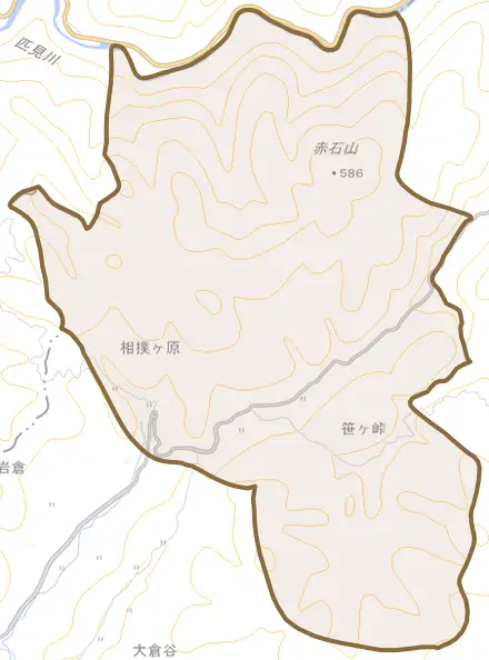 相撲ヶ原とその周辺の地図。町の範囲を重ねている