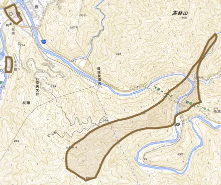 枕瀬とその周辺の地図。町の範囲を重ねている