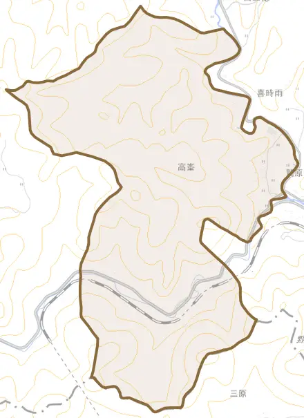 高峯とその周辺の地図。町の範囲を重ねている