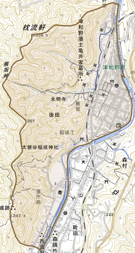 後田とその周辺の地図。町の範囲を重ねている