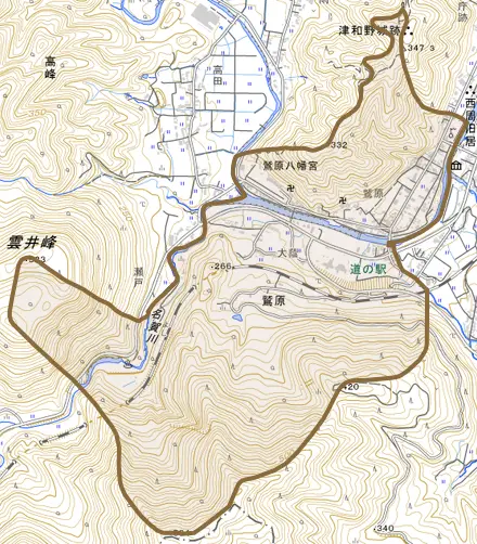 鷲原とその周辺の地図。町の範囲を重ねている