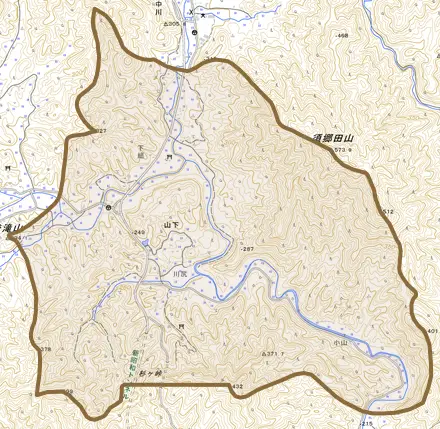 山下とその周辺の地図。町の範囲を重ねている