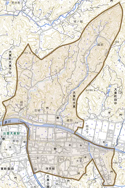 大東町大東とその周辺の地図。町の範囲を重ねている