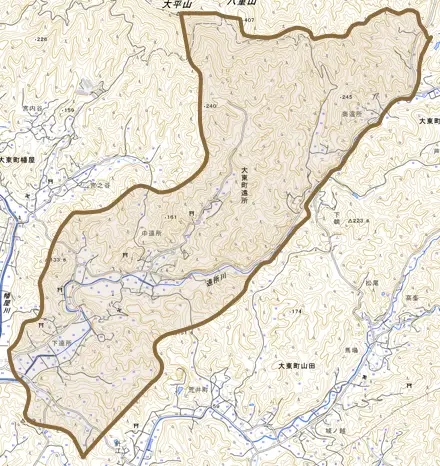 大東町遠所とその周辺の地図。町の範囲を重ねている