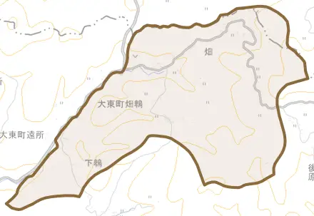 大東町畑鵯とその周辺の地図。町の範囲を重ねている