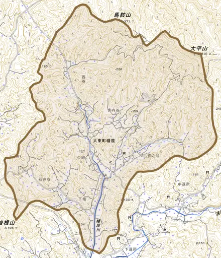 大東町幡屋とその周辺の地図。町の範囲を重ねている