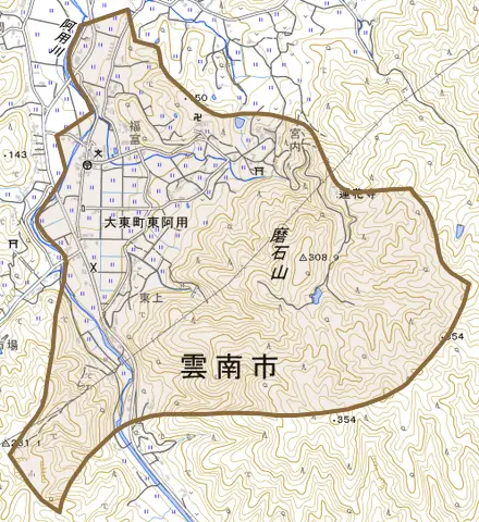 大東町東阿用とその周辺の地図。町の範囲を重ねている
