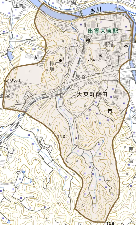 大東町飯田とその周辺の地図。町の範囲を重ねている
