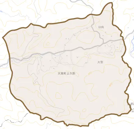 大東町上久野とその周辺の地図。町の範囲を重ねている