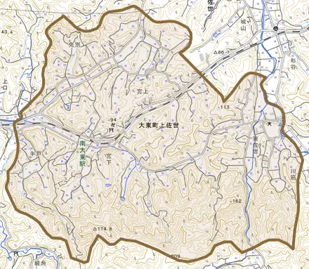 大東町上佐世とその周辺の地図。町の範囲を重ねている