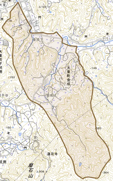 大東町金成とその周辺の地図。町の範囲を重ねている