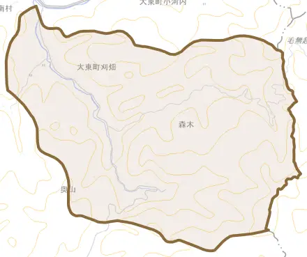 大東町刈畑とその周辺の地図。町の範囲を重ねている