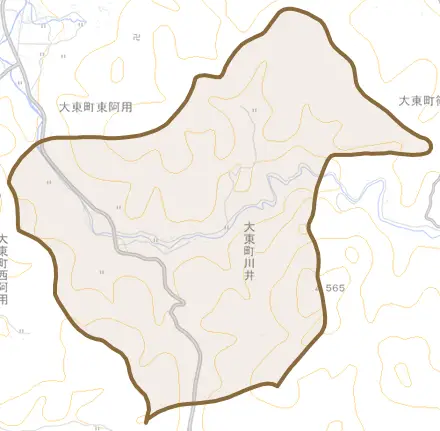 大東町川井とその周辺の地図。町の範囲を重ねている