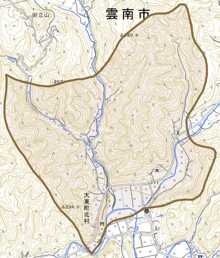 大東町北村とその周辺の地図。町の範囲を重ねている